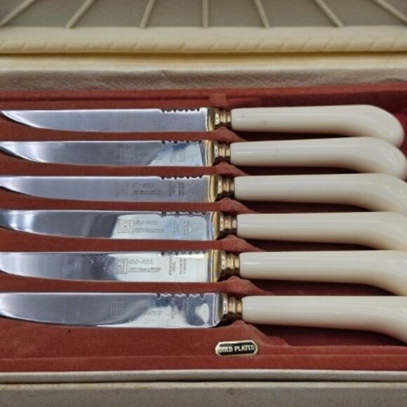 GOLD Plate Antique KNIFE SET by GLO HILL Co. 6pc STEAK KNIVES Vintage Knife Set - Picture 5 of 6